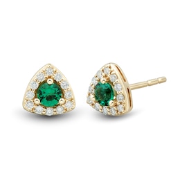 Lab-Created Emerald and 0.115 CT. T.W. Certified Lab-Grown Diamond Trillion Frame Stud Earrings in 10K Gold (F/SI2)