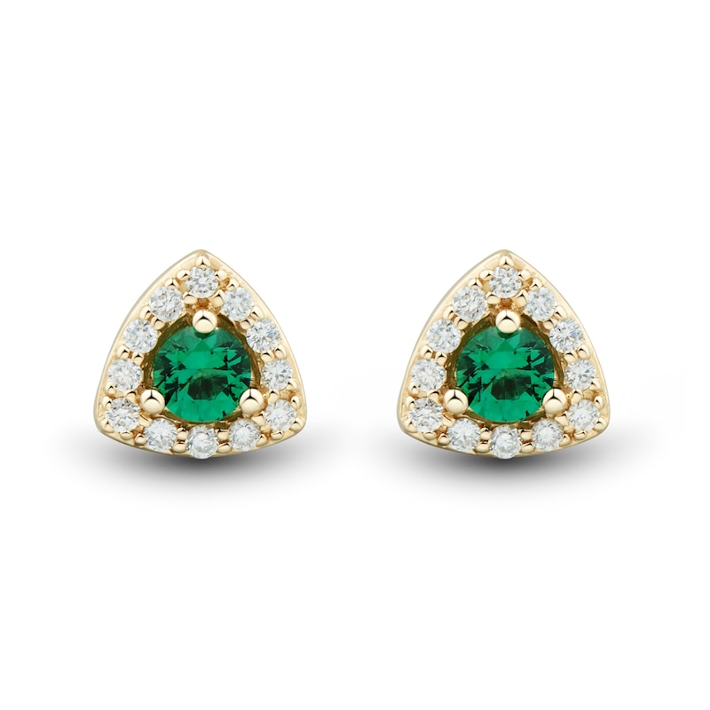 Main Image 2 of Lab-Created Emerald and 0.115 CT. T.W. Certified Lab-Grown Diamond Trillion Frame Stud Earrings in 10K Gold (F/SI2)