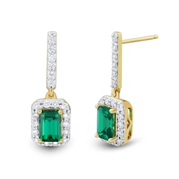 Emerald-Cut Lab-Created Emerald and 0.37 CT. T.W. Certified Lab-Grown Diamond Frame Drop Earrings in 10K Gold (F/SI2)