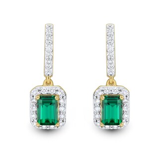 Emerald-Cut Lab-Created Emerald and 0.37 CT. T.W. Certified Lab-Created Diamond Frame Drop Earrings in 10K Gold (F/SI2)