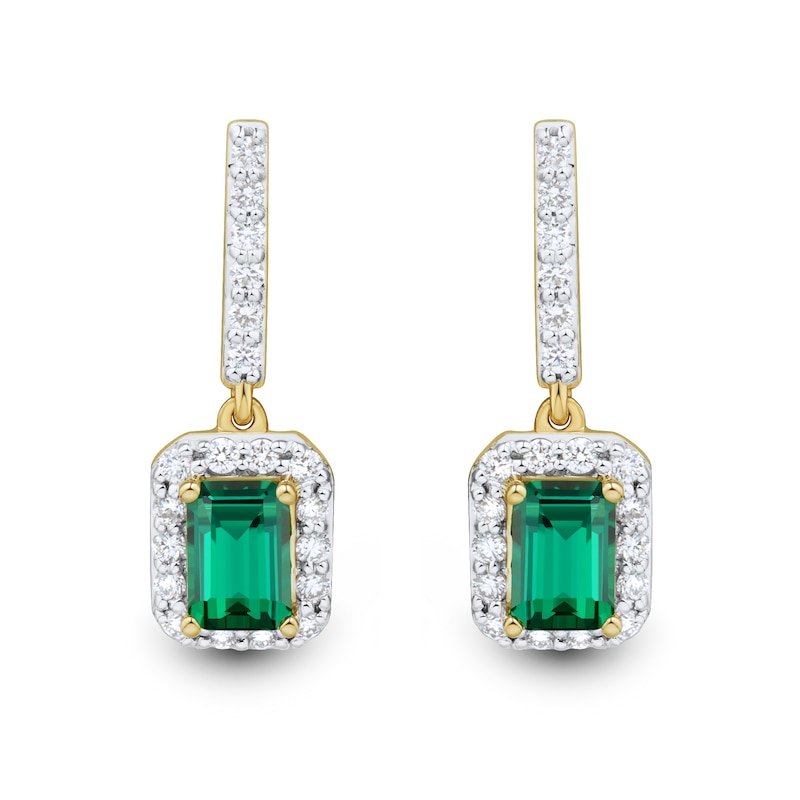 Main Image 2 of Emerald-Cut Lab-Created Emerald and 0.37 CT. T.W. Certified Lab-Grown Diamond Frame Drop Earrings in 10K Gold (F/SI2)