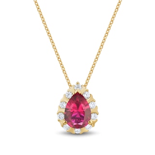 Pear-Shaped Lab-Created Ruby and 0.23 CT. T.W. Certified Lab-Created Diamond Frame Pendant in 10K Gold (F/SI2)