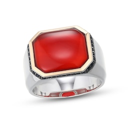 Emerald-Shaped Agate and Black Sapphire Signet Ring in Sterling Silver and 10K Gold
