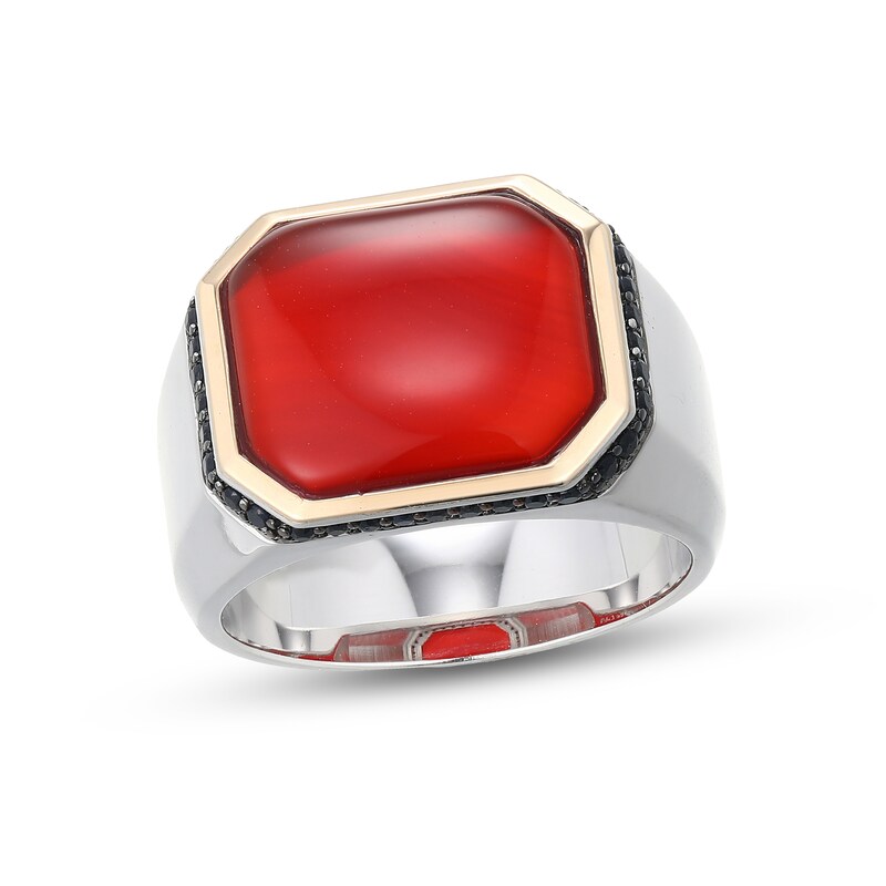 Emerald-Shaped Agate and Black Sapphire Signet Ring in Sterling Silver and 10K Gold