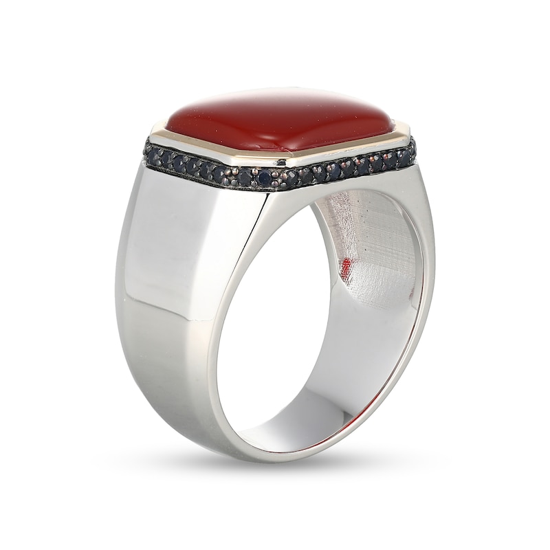 Emerald-Shaped Agate and Black Sapphire Signet Ring in Sterling Silver and 10K Gold
