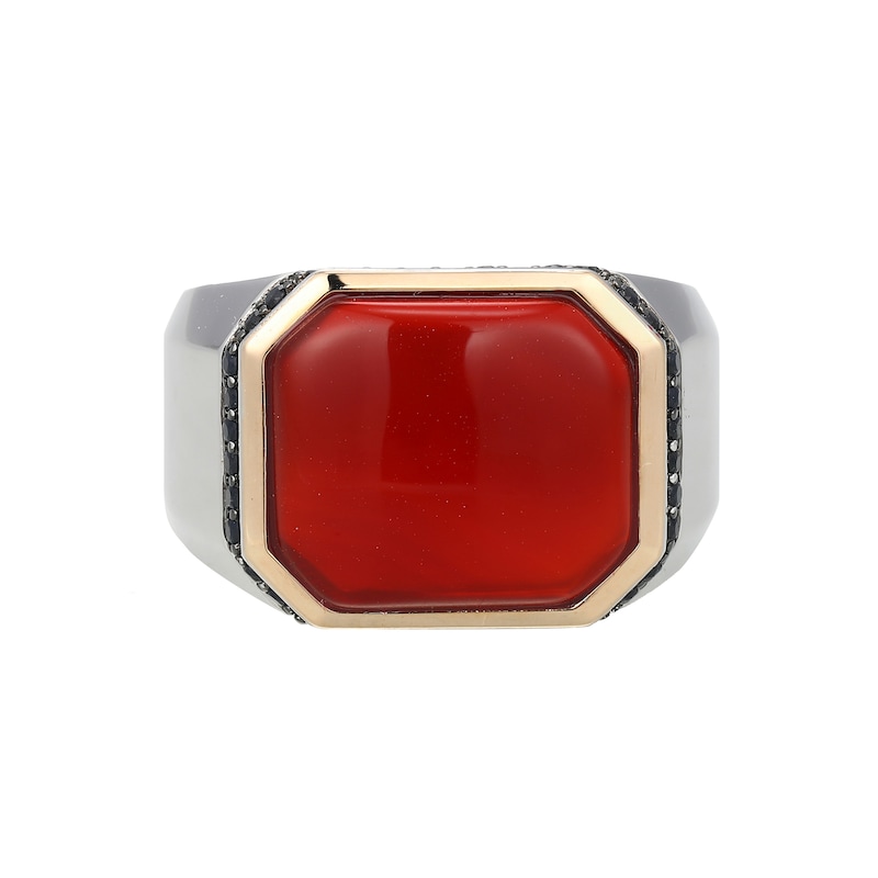 Emerald-Shaped Agate and Black Sapphire Signet Ring in Sterling Silver and 10K Gold