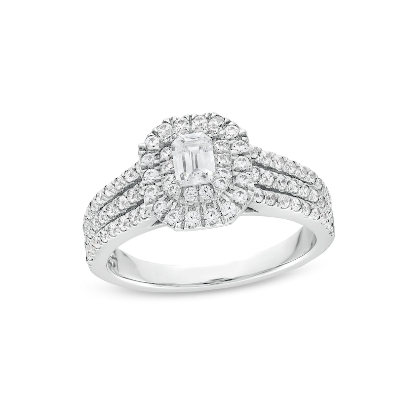 Main Image 1 of Emerald-Cut Canadian Certified Centre Diamond 1.00 CT. T.W. Frame Triple Row Engagement Ring in 10K White Gold (I/I1)