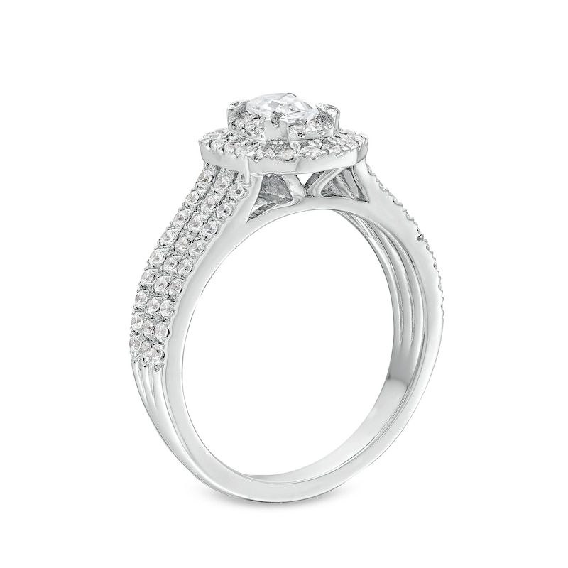 Main Image 3 of Emerald-Cut Canadian Certified Centre Diamond 1.00 CT. T.W. Frame Triple Row Engagement Ring in 10K White Gold (I/I1)