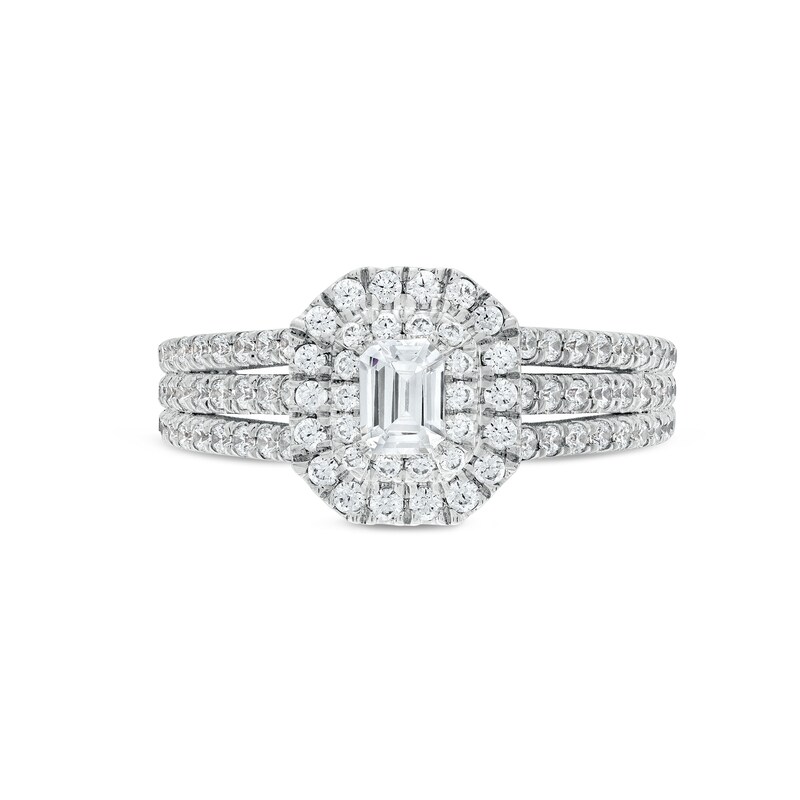 Main Image 4 of Emerald-Cut Canadian Certified Centre Diamond 1.00 CT. T.W. Frame Triple Row Engagement Ring in 10K White Gold (I/I1)