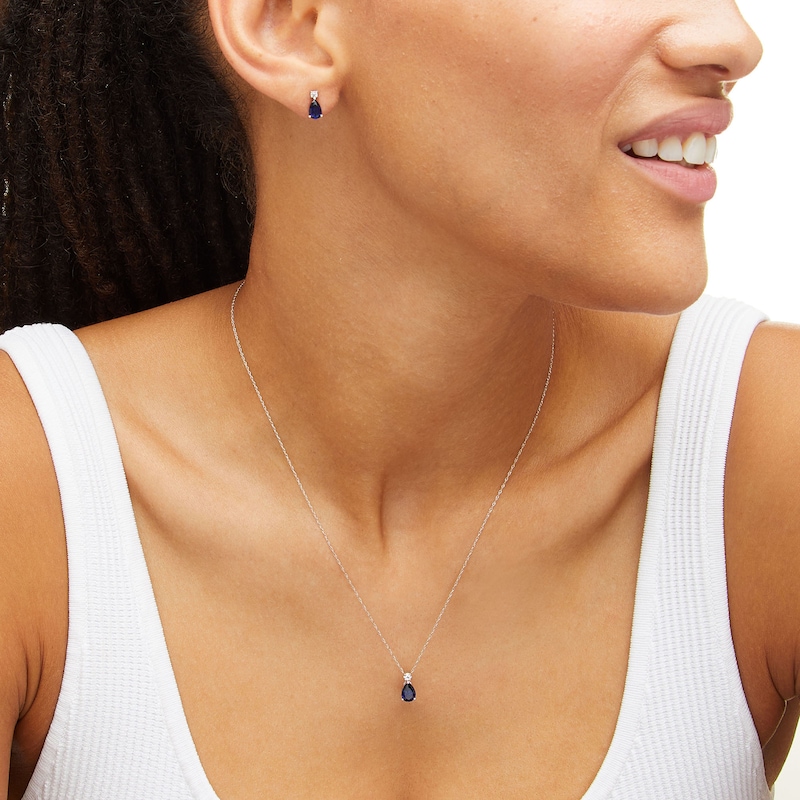 Main Image 2 of Pear-Shaped Blue and White Lab-Created Sapphire Stacked Pendant and Drop Earrings Set in 10K White Gold
