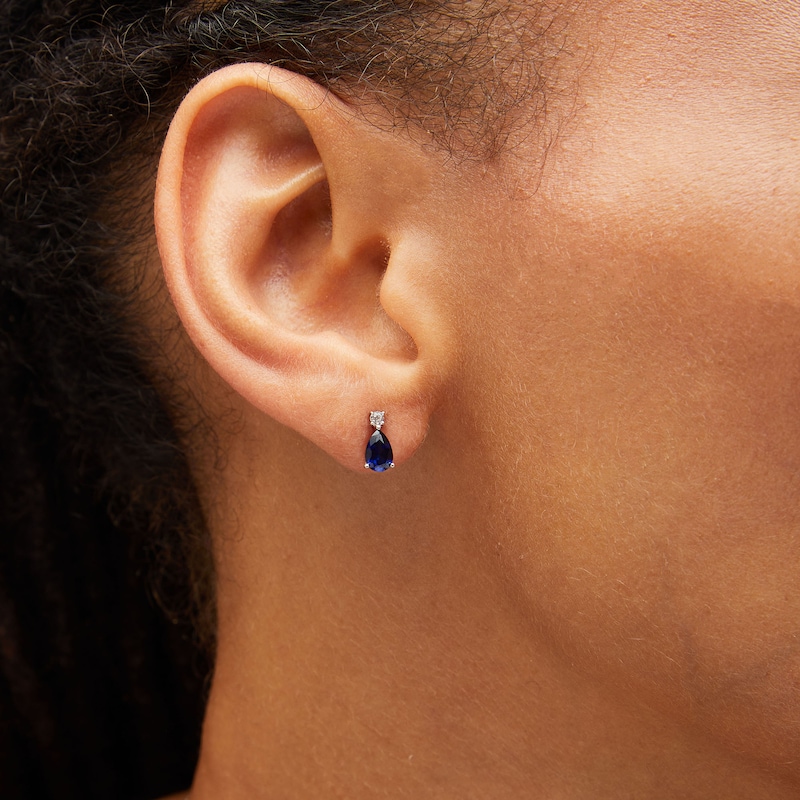 Main Image 3 of Pear-Shaped Blue and White Lab-Created Sapphire Stacked Pendant and Drop Earrings Set in 10K White Gold
