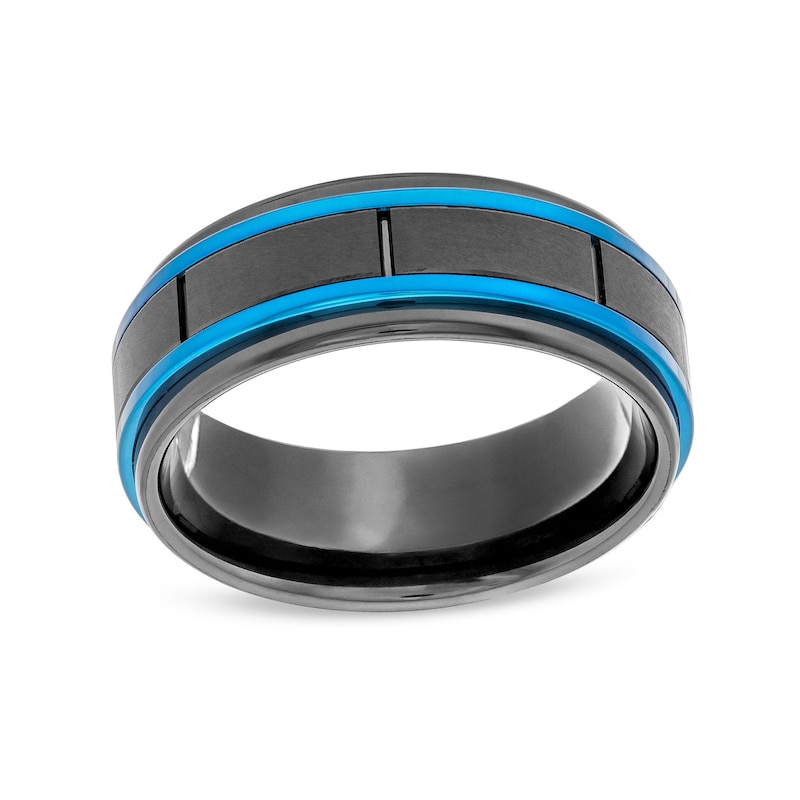 8.0mm Stepped Edge Engravable Wedding Band in Tungsten with Black and Blue Ion Plate