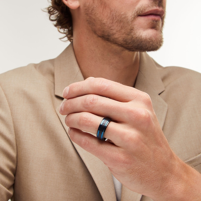 Main Image 2 of 8.0mm Stepped Edge Engravable Wedding Band in Tungsten with Black and Blue Ion Plate
