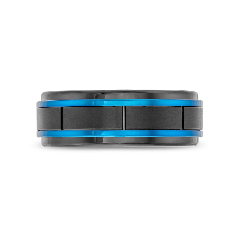 Main Image 3 of 8.0mm Stepped Edge Engravable Wedding Band in Tungsten with Black and Blue Ion Plate