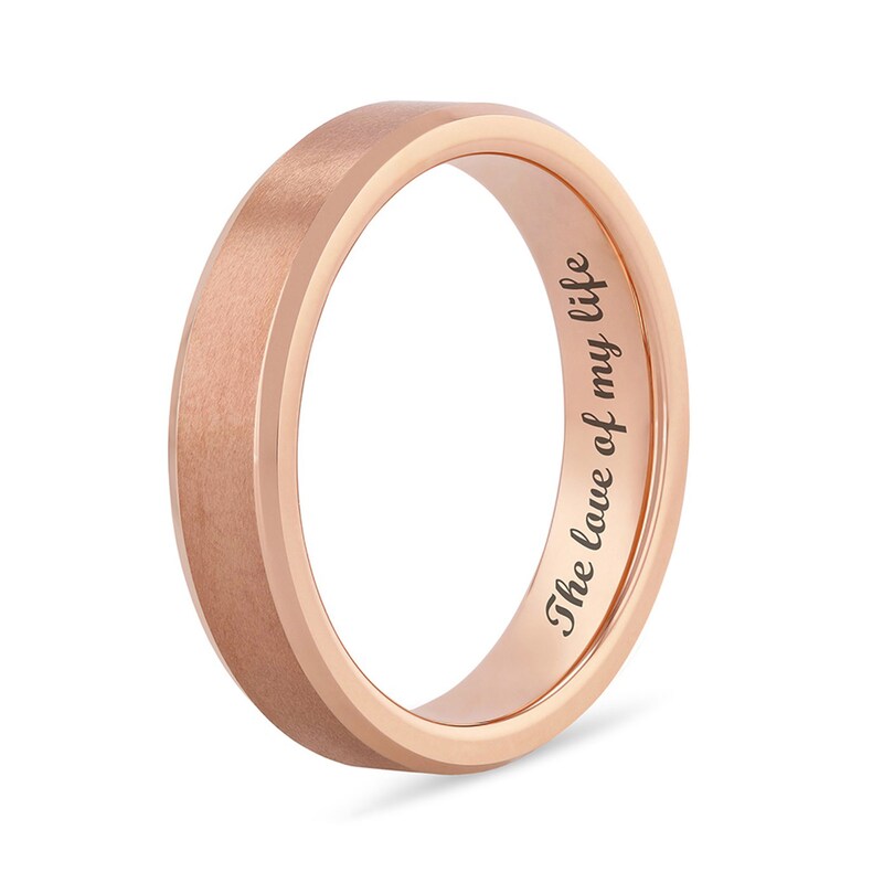 Main Image 4 of 5.0mm Bevelled Edge Engravable Wedding Band in Tungsten with Rose Ion Plate