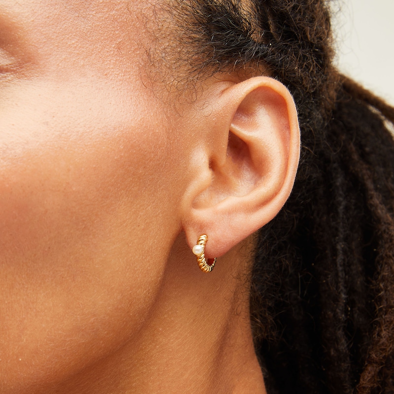Main Image 2 of Freshwater Cultured Pearl and White Lab-Created Sapphire Twist Hoop Earrings Set in Sterling Silver with 18K Gold Plate