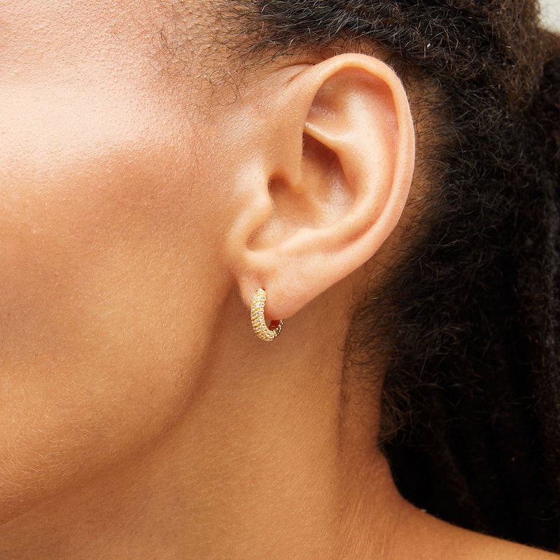 Main Image 3 of Freshwater Cultured Pearl and White Lab-Created Sapphire Twist Hoop Earrings Set in Sterling Silver with 18K Gold Plate