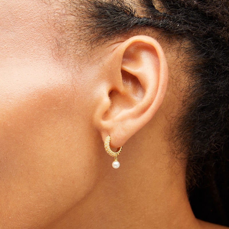 Main Image 4 of Freshwater Cultured Pearl and White Lab-Created Sapphire Twist Hoop Earrings Set in Sterling Silver with 18K Gold Plate