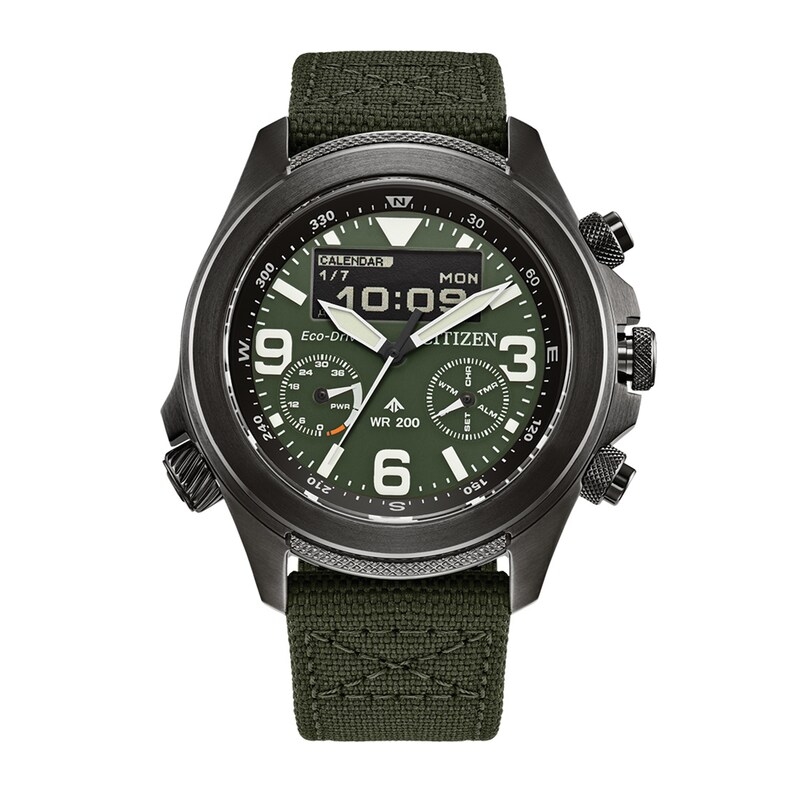 Men's Citizen Eco-Drive® Promaster Land Grey IP Strap Watch with Green Dial (Model: JV1005-02W)