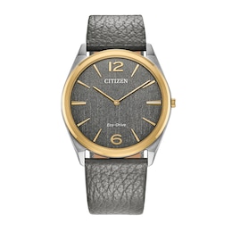 Unisex Citizen Eco-Drive® Dress Classic Gold-Tone IP Leather Strap Watch with Grey Dial (Model: AR3124-07H)