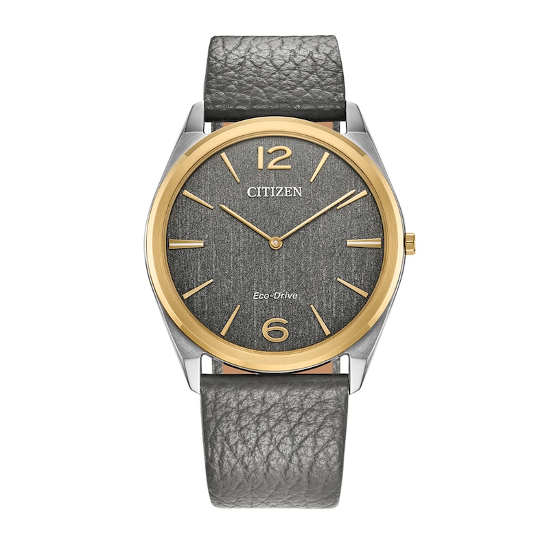 Unisex Citizen Eco-Drive® Dress Classic Gold-Tone IP Leather Strap Watch with Grey Dial (Model: AR3124-07H)