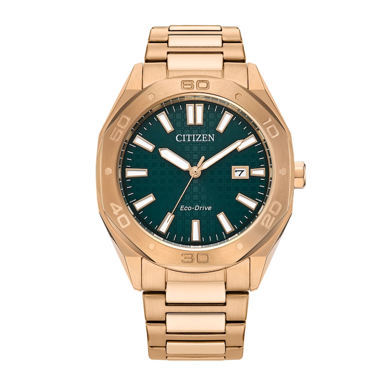 Men's Citizen Eco-Drive® Weekender Sport Rose-Tone IP Watch with Textured Green Dial (Model: BM7633-81X)
