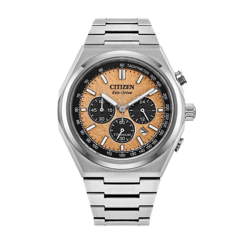 Men's Citizen Eco-Drive® Zenshin Chrono Super Titanium™ Watch with Salmon-Colour Dial (Model:CA4610-85Z)