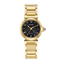 Ladies’ Citizen Eco-Drive® L Mae Dress Classic Diamond Gold-Tone IP Watch with Black Dial (Model: EM1132-88H)