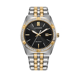 Men's Citizen Eco-Drive® 0.085 CT. T.W. Diamond Corso Two-Tone IP Watch with Black Dial (Model: BM7644-51E)