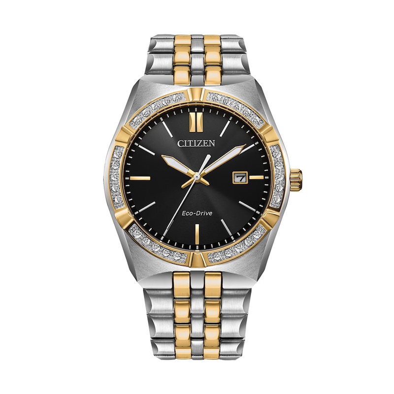Men's Citizen Eco-Drive® 0.085 CT. T.W. Diamond Corso Two-Tone IP Watch with Black Dial (Model: BM7644-51E)