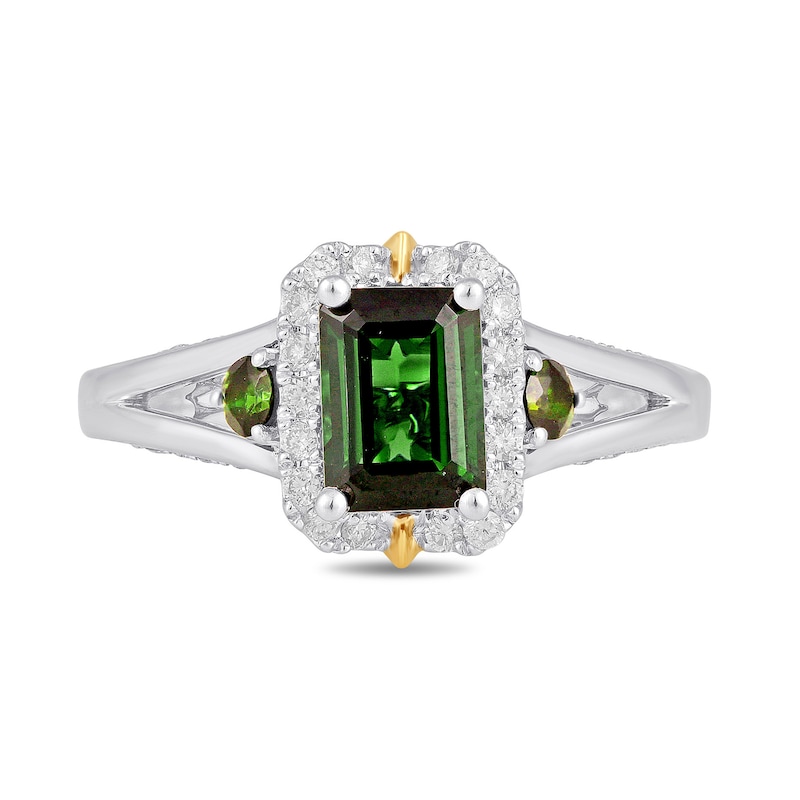 Main Image 3 of Enchanted Disney Tinker Bell Emerald-Cut Green Tourmaline and 0.29 CT. T.W. Diamond Engagement Ring in Two-Tone Gold