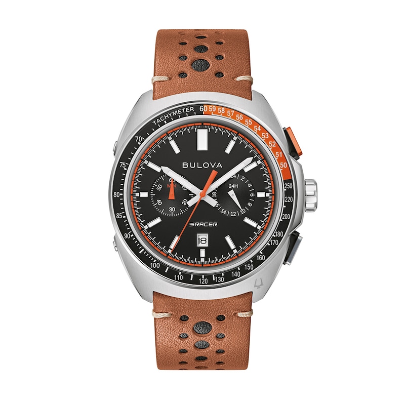 Men's Bulova Racer Chronograph Brown Leather Strap Watch with Black Dial (Model: 98B427)