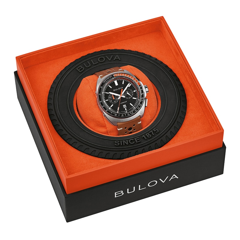 Men's Bulova Racer Chronograph Brown Leather Strap Watch with Black Dial (Model: 98B427)
