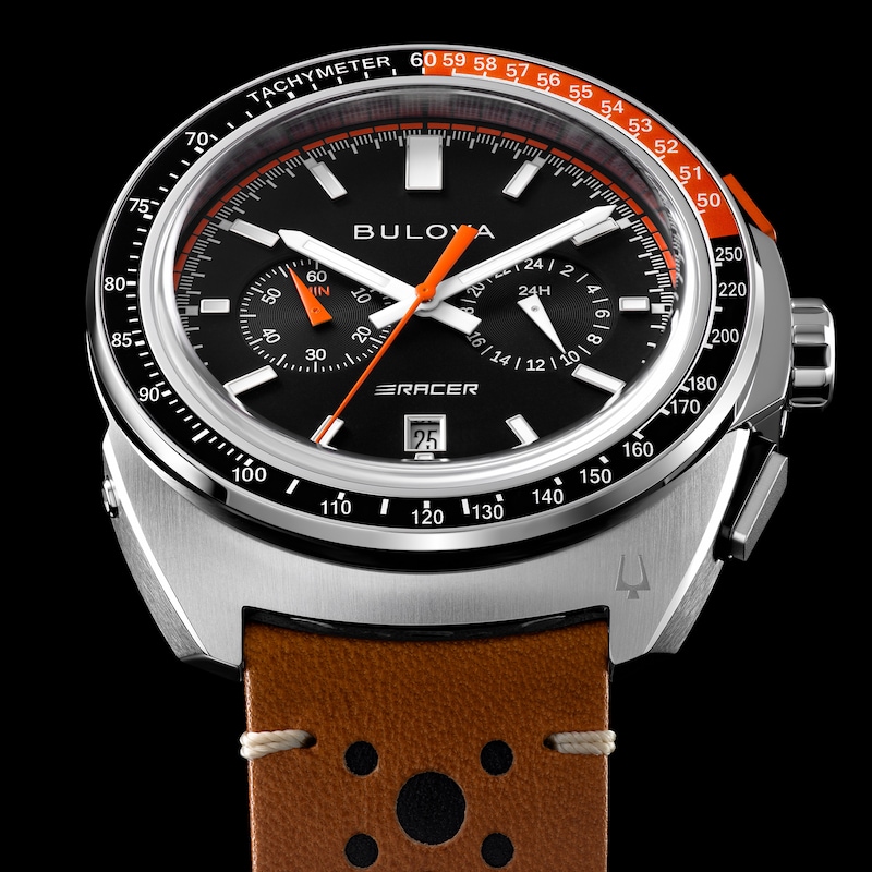 Men's Bulova Racer Chronograph Brown Leather Strap Watch with Black Dial (Model: 98B427)