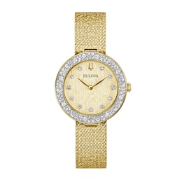 Ladies' Bulova Phantom Crystal Accent Gold-Tone IP Mesh Watch with Textured Champagne Dial (Model: 98L321)