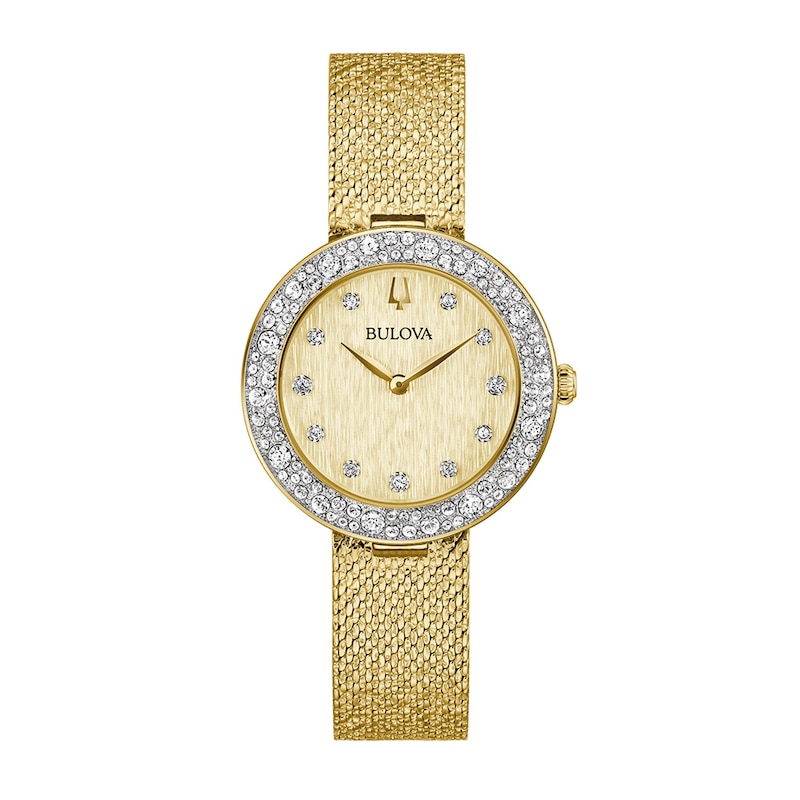 Ladies' Bulova Phantom Crystal Accent Gold-Tone IP Mesh Watch with Textured Champagne Dial (Model: 98L321)