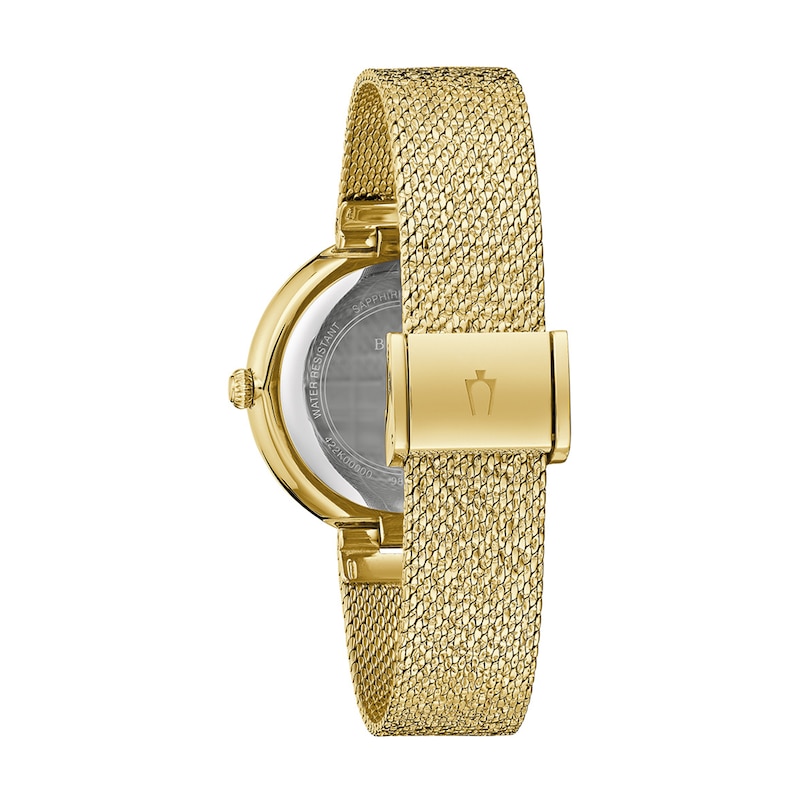 Ladies' Bulova Phantom Crystal Accent Gold-Tone IP Mesh Watch with Textured Champagne Dial (Model: 98L321)