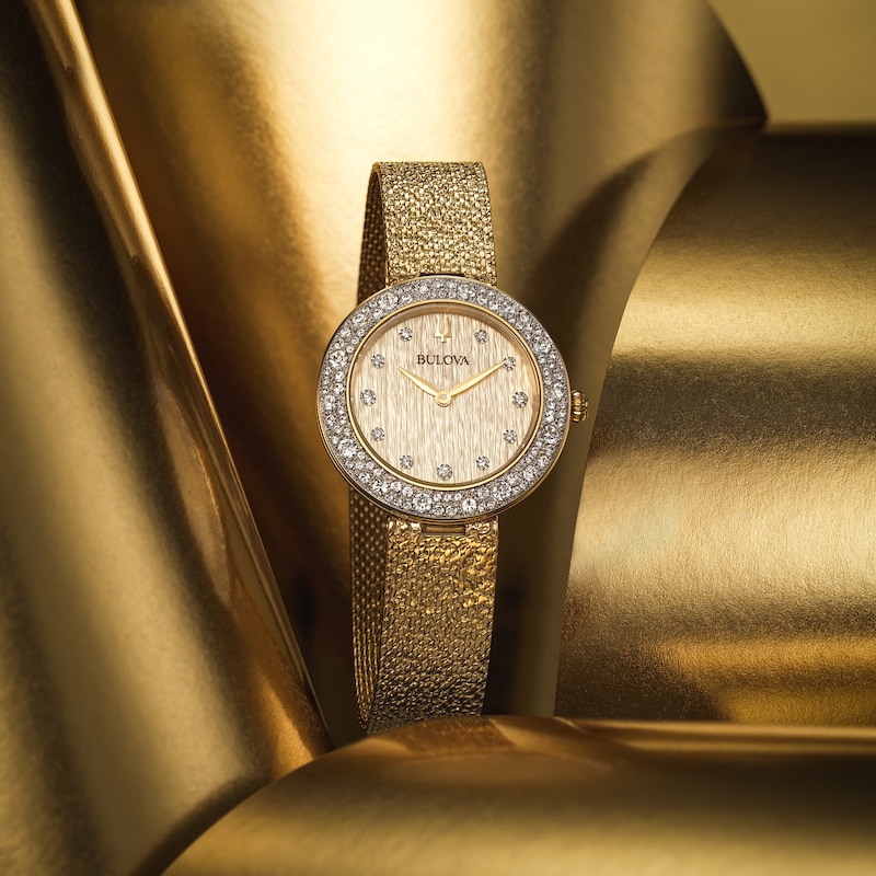 Ladies' Bulova Phantom Crystal Accent Gold-Tone IP Mesh Watch with Textured Champagne Dial (Model: 98L321)