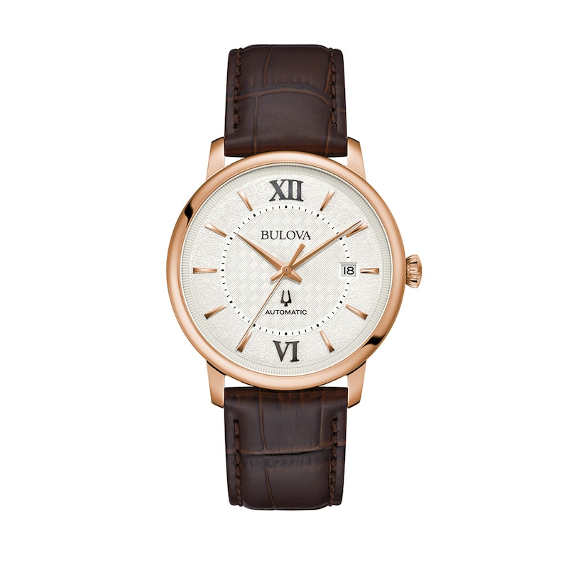 Men's Bulova Hudson Automatic Rose-Tone IP Brown Leather Strap Watch with Textured White Dial (Model: 97B225)
