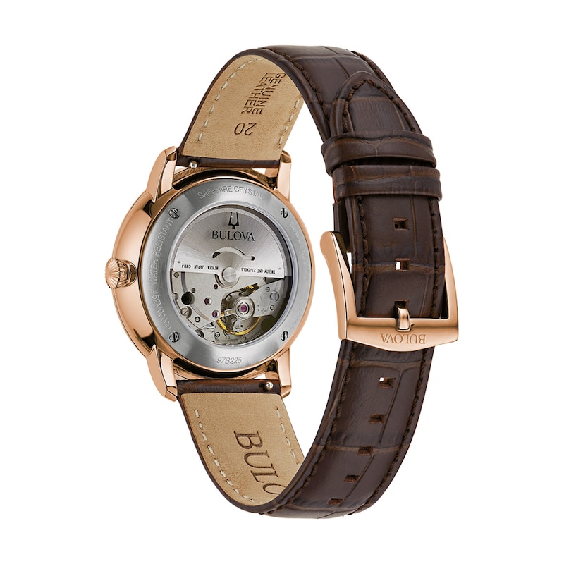 Men's Bulova Hudson Automatic Rose-Tone IP Brown Leather Strap Watch with Textured White Dial (Model: 97B225)