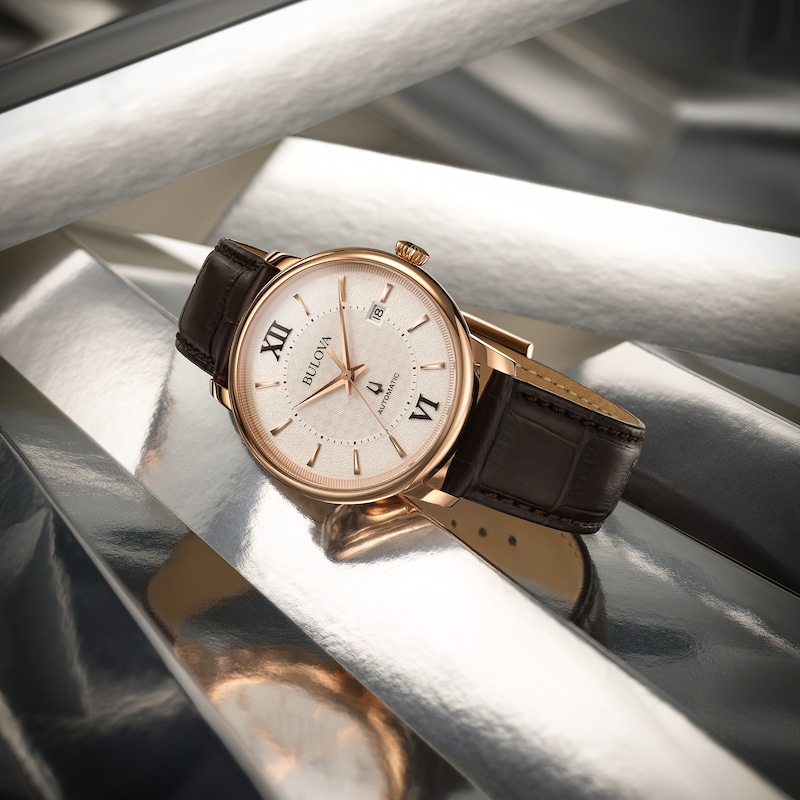 Men's Bulova Hudson Automatic Rose-Tone IP Brown Leather Strap Watch with Textured White Dial (Model: 97B225)