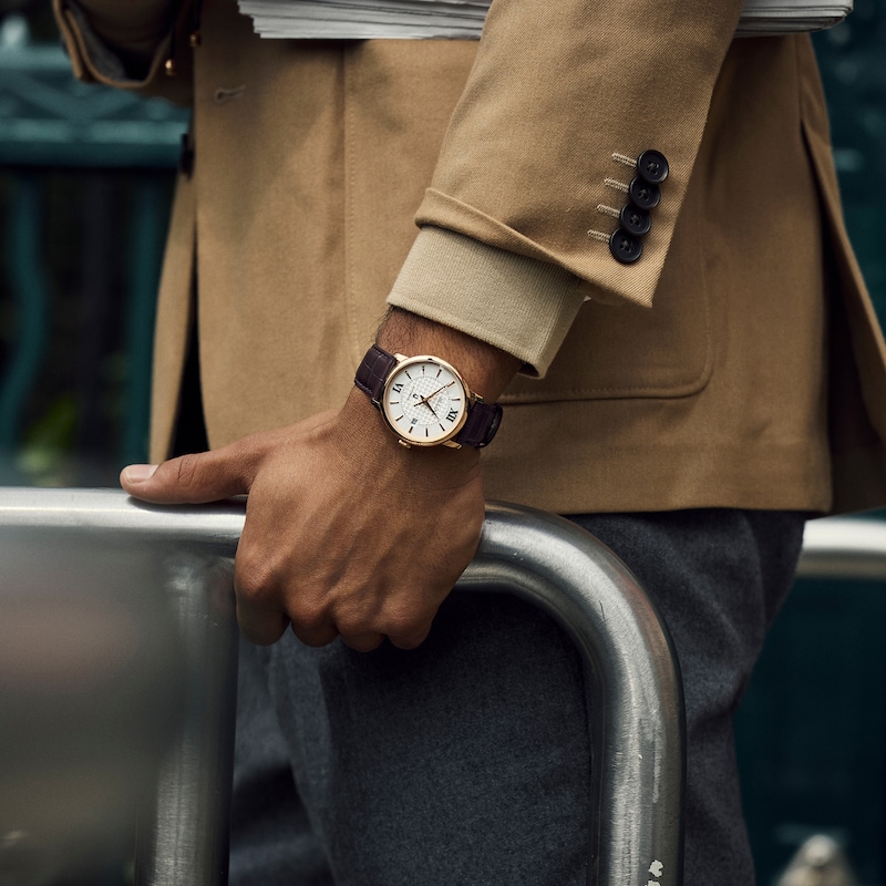 Men's Bulova Hudson Automatic Rose-Tone IP Brown Leather Strap Watch with Textured White Dial (Model: 97B225)