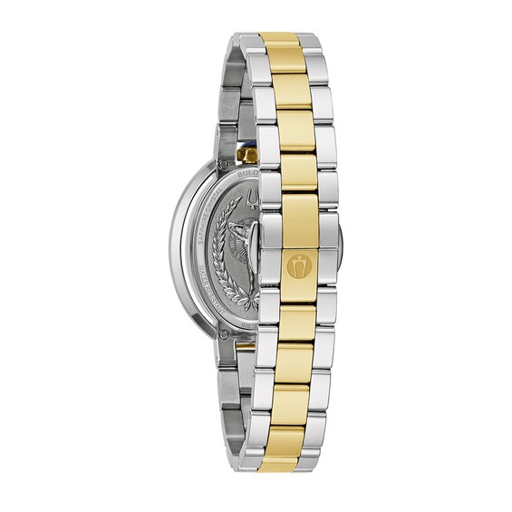 Ladies' Bulova Rubaiyat Two-Tone IP Watch with Oval White Dial (Model: 98L320)