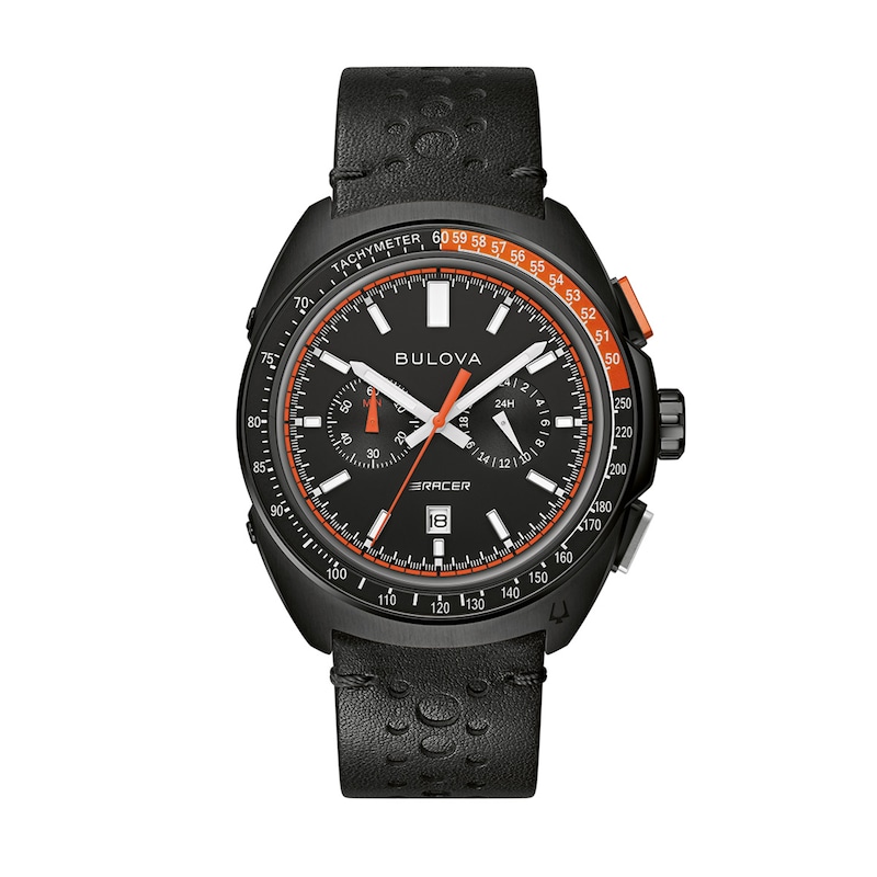 Men's Bulova Racer Chronograph Black IP Leather Strap Watch with Black Dial (Model: 98B428)