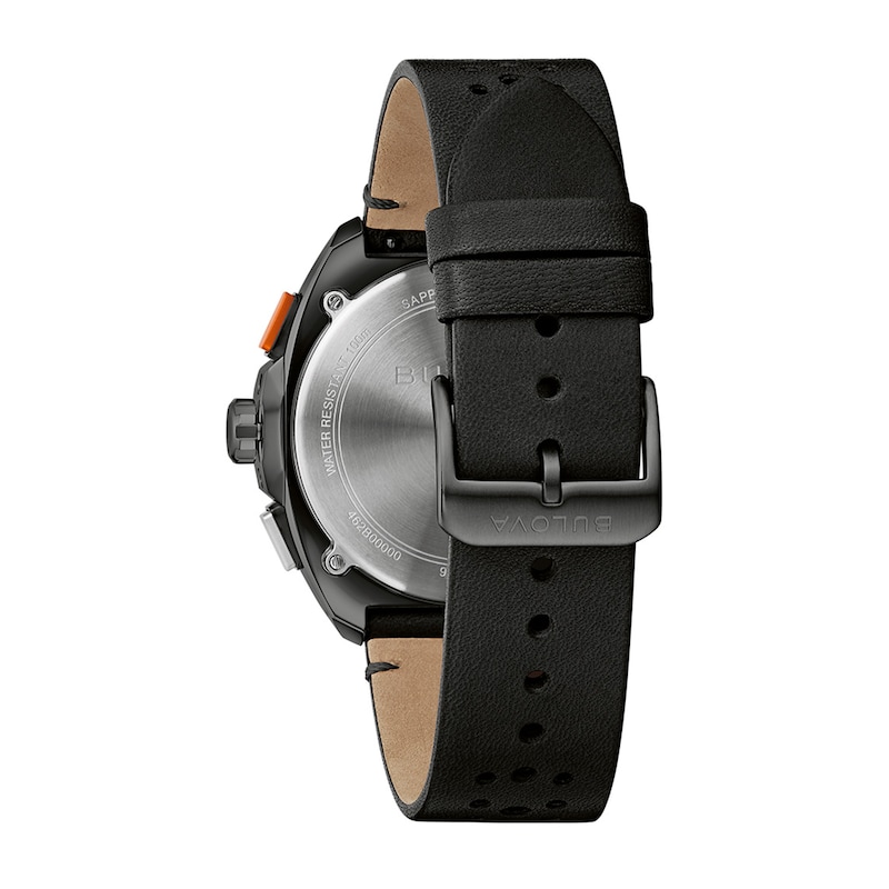 Men's Bulova Racer Chronograph Black IP Leather Strap Watch with Black Dial (Model: 98B428)