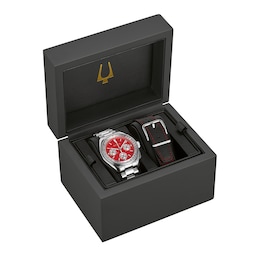 Men's Bulova Lunar Pilot Chronograph Watch with Red Dial and Interchangeable Black Leather Strap (Model: 96K115)