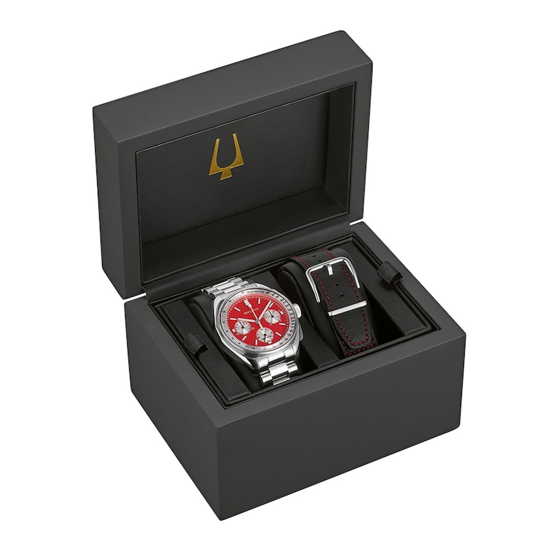 Men's Bulova Lunar Pilot Chronograph Watch with Red Dial and Interchangeable Black Leather Strap (Model: 96K115)