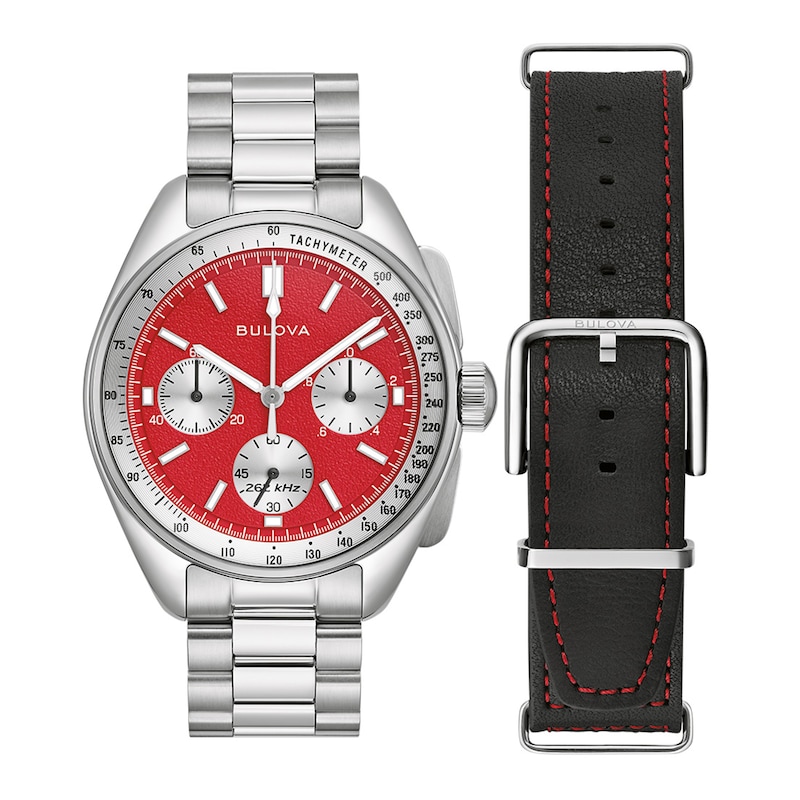 Men's Bulova Lunar Pilot Chronograph Watch with Red Dial and Interchangeable Black Leather Strap (Model: 96K115)