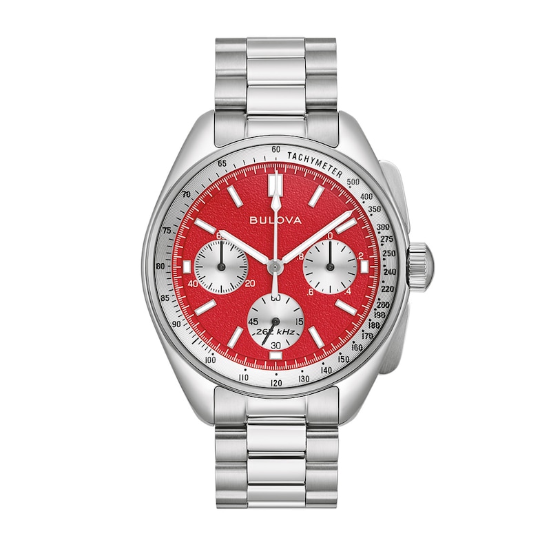 Men's Bulova Lunar Pilot Chronograph Watch with Red Dial and Interchangeable Black Leather Strap (Model: 96K115)