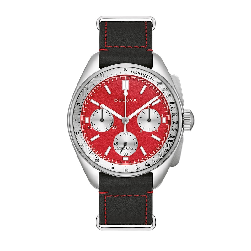 Men's Bulova Lunar Pilot Chronograph Watch with Red Dial and Interchangeable Black Leather Strap (Model: 96K115)